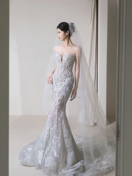 Princess Mermaid Sweetheart Silver Sequin Fitted Long Wedding Dress Bridal Gown Wedding Dresses RB1909