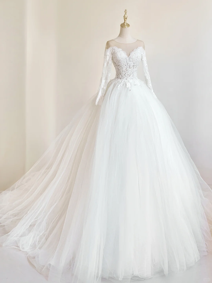Robe de mariée princesse à manches longues et décolleté en cœur, en tulle et dentelle, avec corset ajusté, robe de mariée blanche RB1910