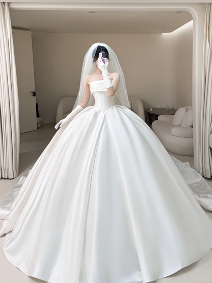 Robe de mariée princesse bustier en satin, corset ajusté, longue, blanche, RB1911