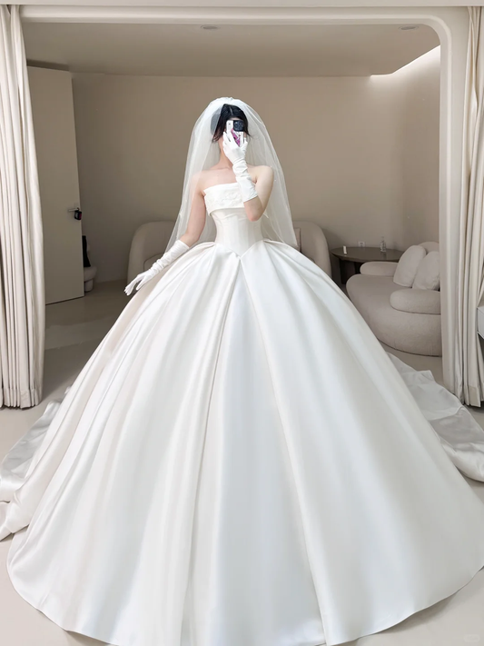 Princess Ball Gown Strapless Satin Fitted Corset Long Wedding Dress Bridal Gown White Wedding Dresses RB1911