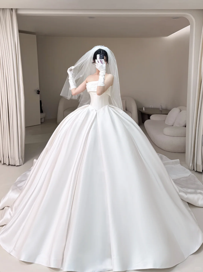 Robe de mariée princesse bustier en satin, corset ajusté, longue, blanche, RB1911