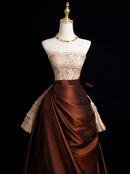 Vintage Ball Gown Strapless Brown Satin Long Prom Dresses Impress Sweet 16 Birthday Outfits Prom Gown RB1915