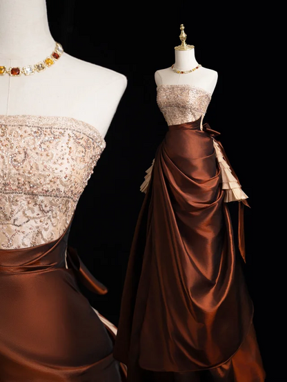Vintage Ball Gown Strapless Brown Satin Long Prom Dresses Impress Sweet 16 Birthday Outfits Prom Gown RB1915
