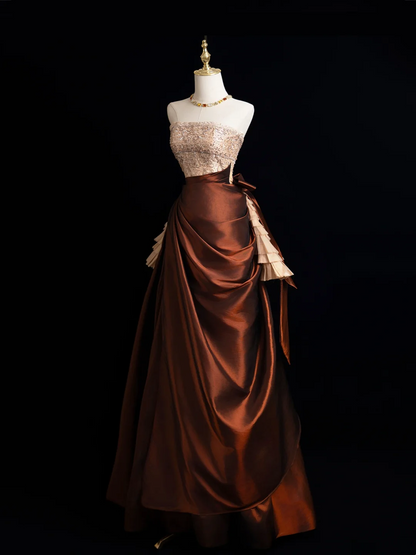 Vintage Ball Gown Strapless Brown Satin Long Prom Dresses Impress Sweet 16 Birthday Outfits Prom Gown RB1915