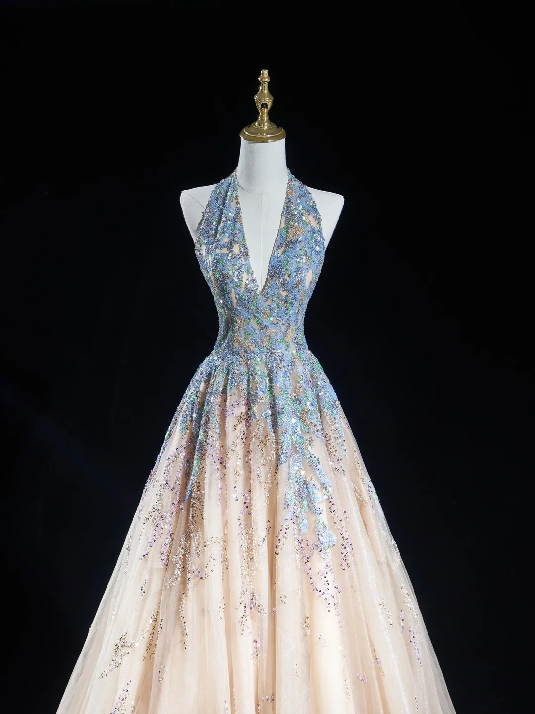 Robe de bal intemporelle à col licou, bleu champagne, paillettes, longue, pour adolescentes, tenue de soirée, tenue d'anniversaire, robe de bal RB1848