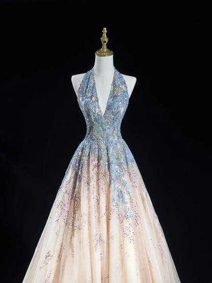 Robe de bal intemporelle à col licou, bleu champagne, paillettes, longue, pour adolescentes, tenue de soirée, tenue d'anniversaire, robe de bal RB1848