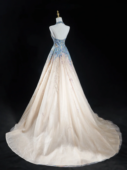 Robe de bal intemporelle à col licou, bleu champagne, paillettes, longue, pour adolescentes, tenue de soirée, tenue d'anniversaire, robe de bal RB1848