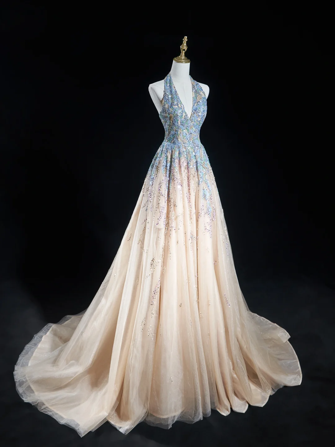 Robe de bal intemporelle à col licou, bleu champagne, paillettes, longue, pour adolescentes, tenue de soirée, tenue d'anniversaire, robe de bal RB1848