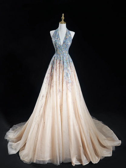 Robe de bal intemporelle à col licou, bleu champagne, paillettes, longue, pour adolescentes, tenue de soirée, tenue d'anniversaire, robe de bal RB1848