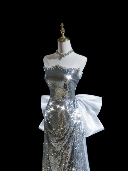Glitter Mermaid Strapless Sequin Silver Long Prom Dresses For Teens Formal Dress Birthday Outfits Prom Gown RB1919