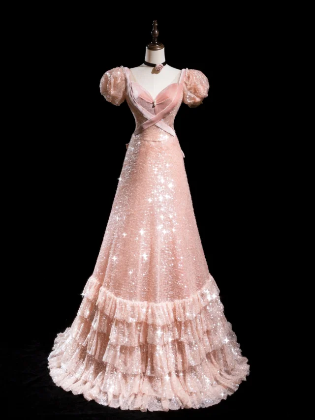 Retro-A-Linien-Abendkleid aus rosafarbenem Samt mit Pailletten – ein beeindruckendes Outfit für den 18. Geburtstag (R1870)