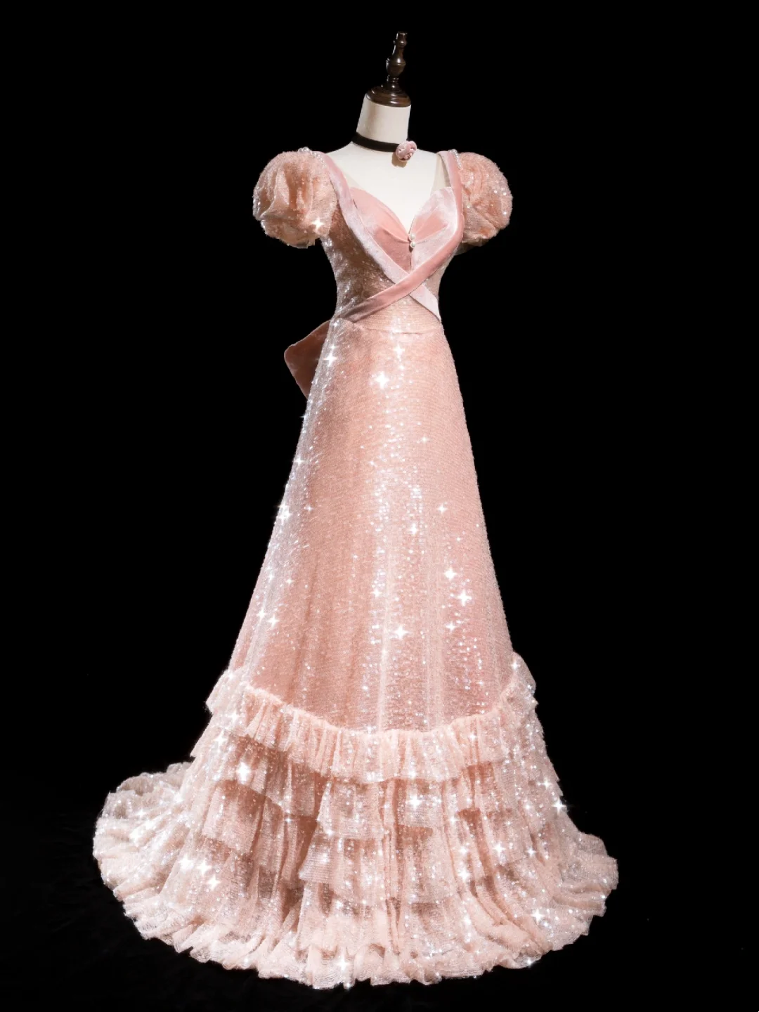 Retro-A-Linien-Abendkleid aus rosafarbenem Samt mit Pailletten – ein beeindruckendes Outfit für den 18. Geburtstag (R1870)