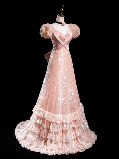 Retro-A-Linien-Abendkleid aus rosafarbenem Samt mit Pailletten – ein beeindruckendes Outfit für den 18. Geburtstag (R1870)