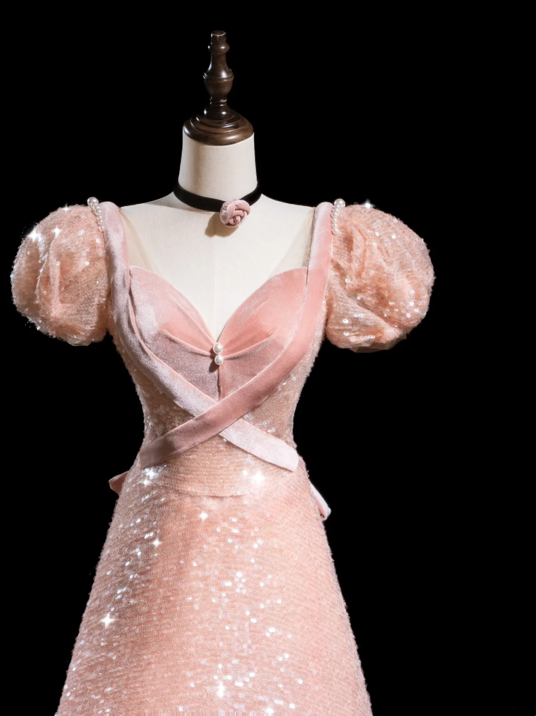 Robe de bal longue en velours rose blush, coupe trapèze, décolleté en cœur, paillettes, style rétro, tenue de bal pour 18e anniversaire, RB1870
