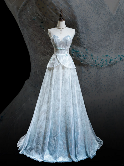 Robe de bal élégante en dentelle, décolleté en cœur, bleu ciel clair, paillettes, robe de bal esthétique, robe de soirée, robe de remise de diplôme, RB1923