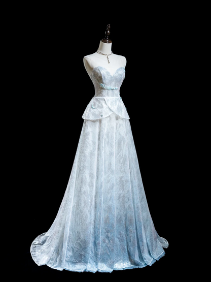 Robe de bal élégante en dentelle, décolleté en cœur, bleu ciel clair, paillettes, robe de bal esthétique, robe de soirée, robe de remise de diplôme, RB1923