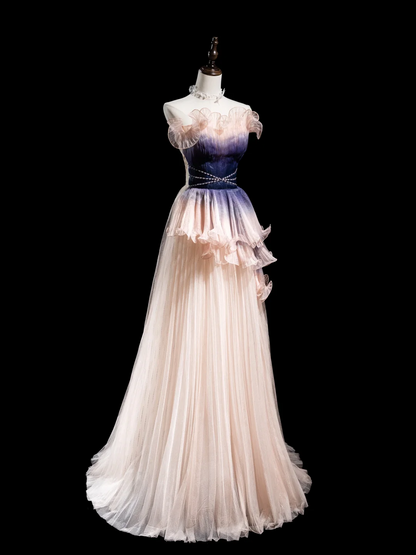 Robe de bal longue plissée en tulle rose blush, sans bretelles, style trapèze, tenue de soirée pour 18 ans, RB1927