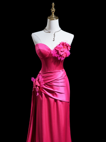 Robe de bal longue en satin rose vif, style sirène, décolleté en cœur, intemporelle, inspiration robe de soirée, robes de bal RB1929