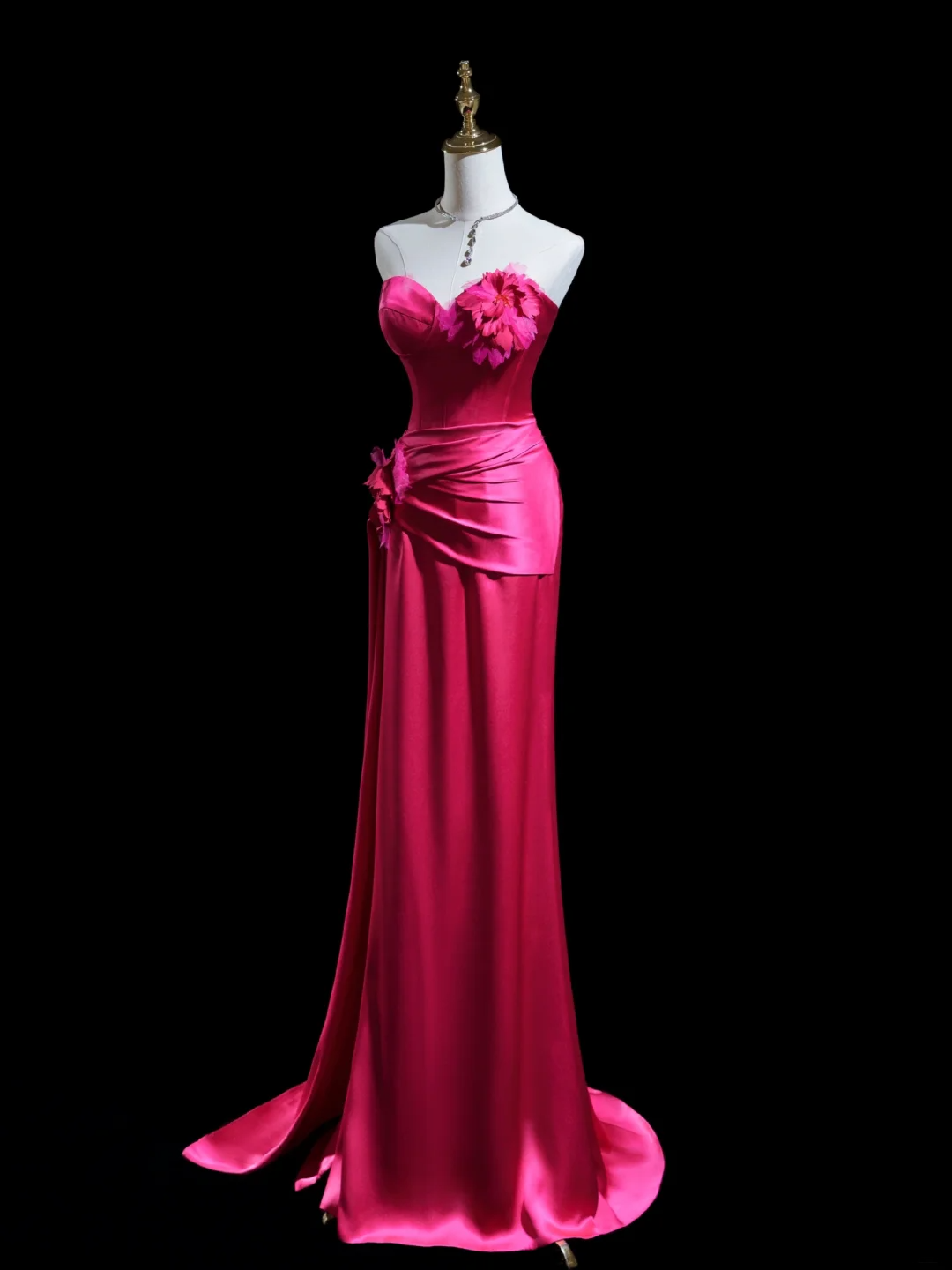 Robe de bal longue en satin rose vif, style sirène, décolleté en cœur, intemporelle, inspiration robe de soirée, robes de bal RB1929