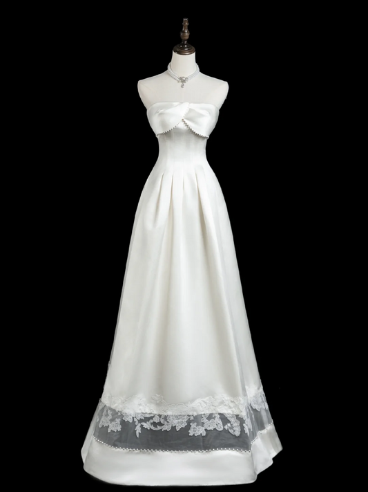 Timeless A line Strapless Sleeveless Satin Fitted Long White Wedding Dress Bride Gown Wedding Dresses RB1932