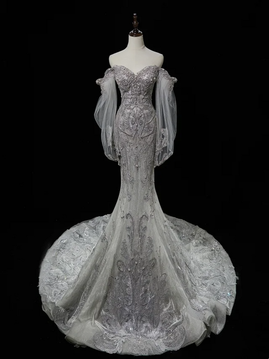 Timeless Mermaid Sweetheart Long Sleeve Sequin Silver Fitted Long White Wedding Dress Bride Gown Wedding Dresses RB1937