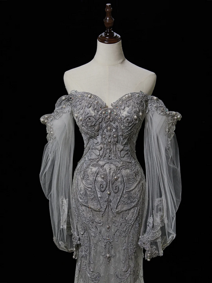 Timeless Mermaid Sweetheart Long Sleeve Sequin Silver Fitted Long White Wedding Dress Bride Gown Wedding Dresses RB1937