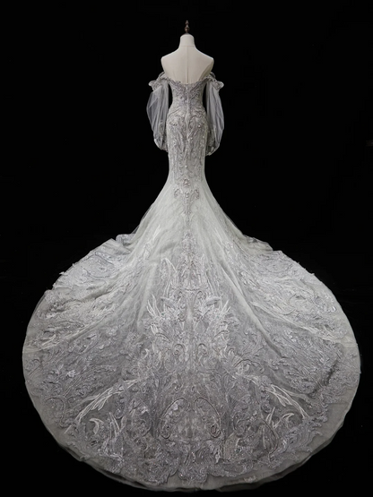 Timeless Mermaid Sweetheart Long Sleeve Sequin Silver Fitted Long White Wedding Dress Bride Gown Wedding Dresses RB1937