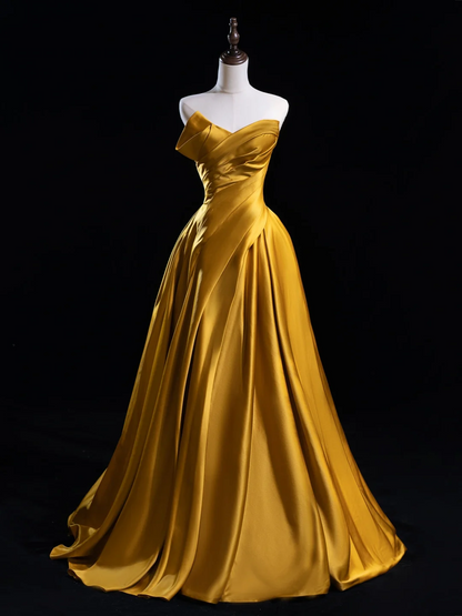 Robe de bal chic en satin doré à volants et décolleté en cœur, tenue de bal esthétique pour seniors, tenue de cérémonie, robe de remise de diplôme RB1939