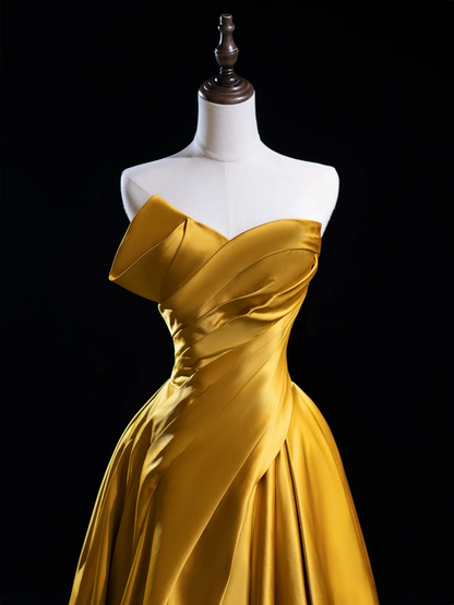 Robe de bal chic en satin doré à volants et décolleté en cœur, tenue de bal esthétique pour seniors, tenue de cérémonie, robe de remise de diplôme RB1939