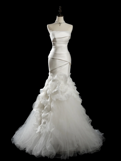 Vintage Mermaid Strapless Sleeveless White Fitted Pleated Long Wedding Dress Bride Gown Wedding Dresses RB1940