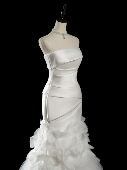 Vintage Mermaid Strapless Sleeveless White Fitted Pleated Long Wedding Dress Bride Gown Wedding Dresses RB1940