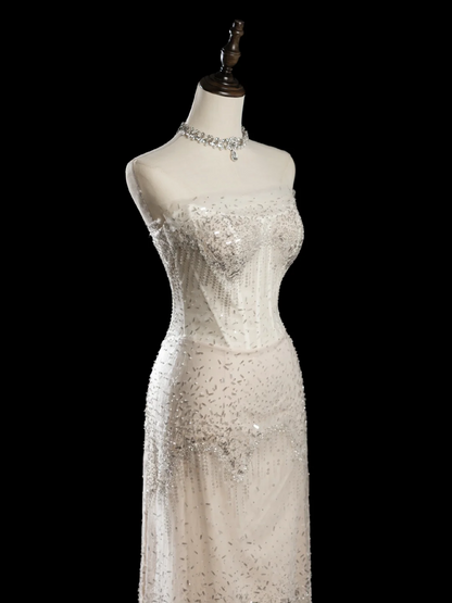 Vintage Sheath Strapless Sleeveless White Fitted Beaded Long Wedding Dress Bride Gown Wedding Dresses RB1944
