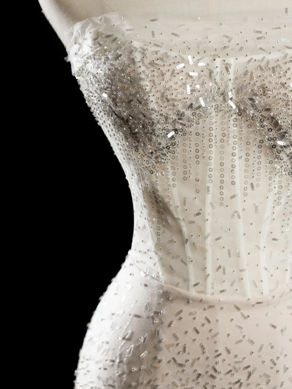 Vintage Sheath Strapless Sleeveless White Fitted Beaded Long Wedding Dress Bride Gown Wedding Dresses RB1944