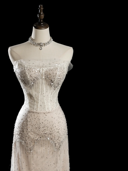 Vintage Sheath Strapless Sleeveless White Fitted Beaded Long Wedding Dress Bride Gown Wedding Dresses RB1944