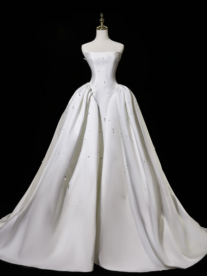 Robe de mariée princesse bustier sans manches en satin, corset ajusté, longue, blanche, RB1945