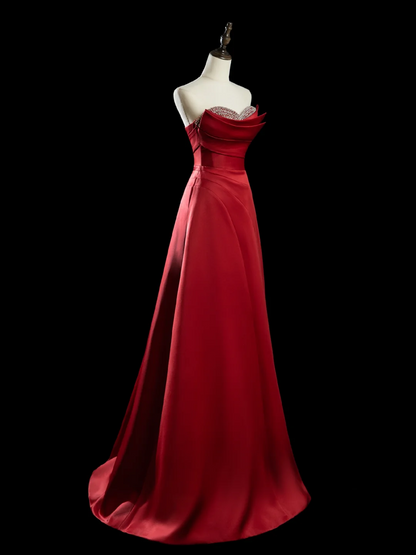 Robe de bal chic en satin rouge avec décolleté en cœur et perles, tenue de bal esthétique pour seniors, tenue de cérémonie, robe de remise de diplôme RB1946