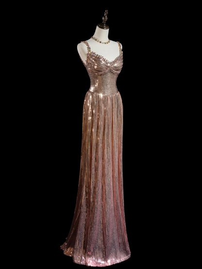 Robe de bal chic trapèze à paillettes dorées et perles, décolleté en cœur, tenue de soirée élégante, RB1948