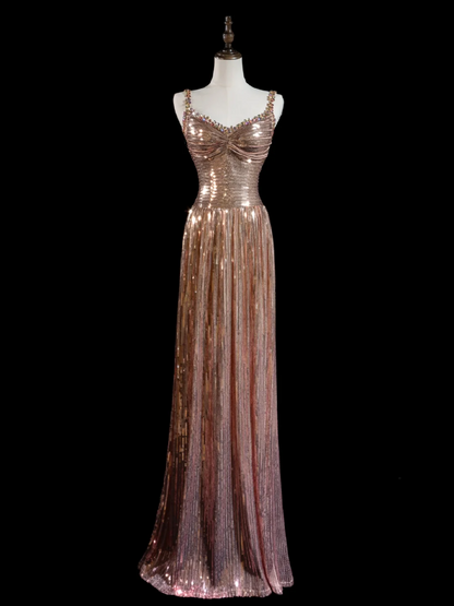 Robe de bal chic trapèze à paillettes dorées et perles, décolleté en cœur, tenue de soirée élégante, RB1948