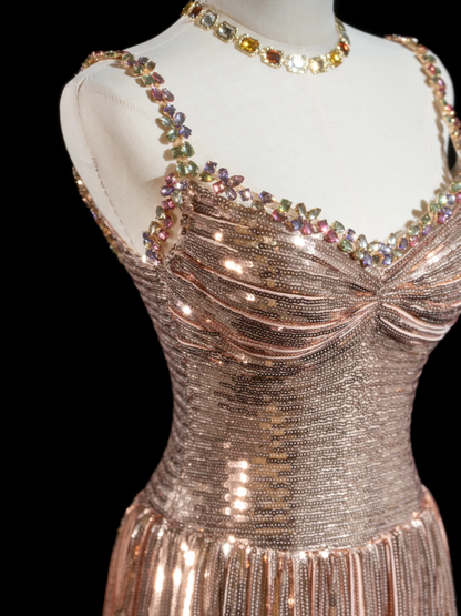 Robe de bal chic trapèze à paillettes dorées et perles, décolleté en cœur, tenue de soirée élégante, RB1948