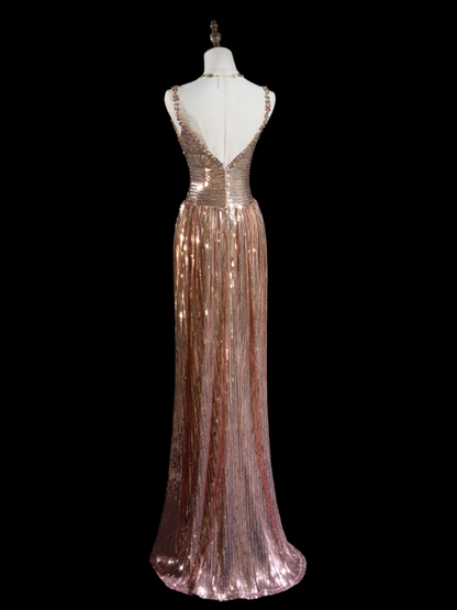 Robe de bal chic trapèze à paillettes dorées et perles, décolleté en cœur, tenue de soirée élégante, RB1948