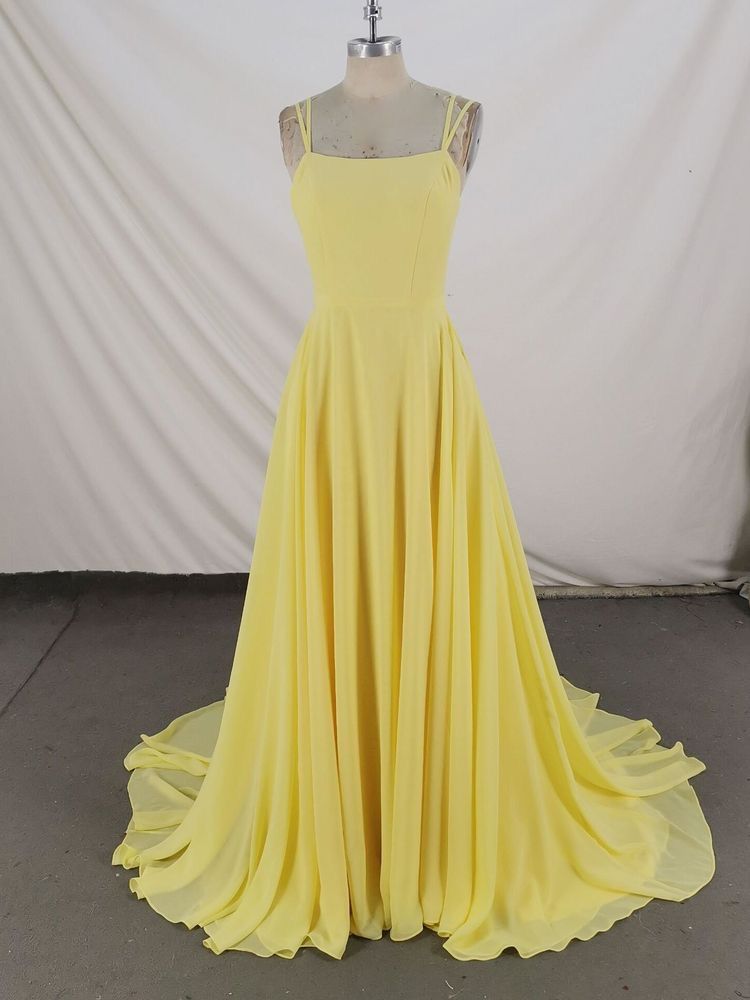 Robe de bal longue en mousseline de soie jaune, simple, coupe trapèze, bretelles spaghetti, tenue de soirée pour 18e anniversaire, RB1950
