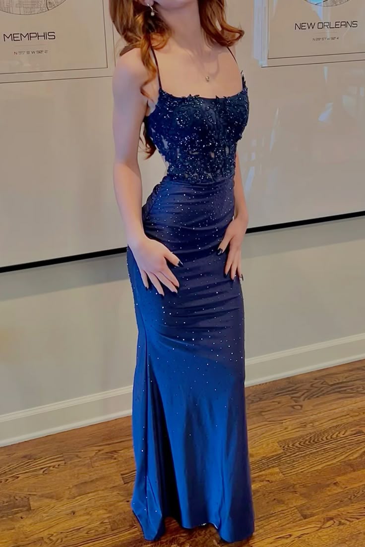 Charmante robe de bal sirène à bretelles spaghetti bleu marine en satin longue, tenue de soirée pour 19e anniversaire, robe de bal RB1954