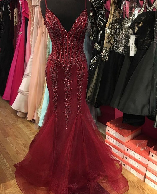 Elegant Mermaid Spaghetti Straps Burgundy Tulle Long Prom Dresses Formal Dress Beaded Birthday Outfits Prom Gown RB1957