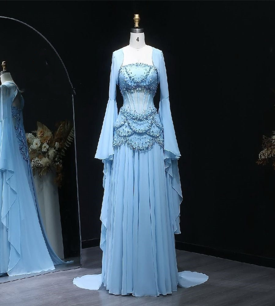 Robe de bal élégante en mousseline de soie bleue, coupe trapèze, sans bretelles, ornée de perles, tenue de soirée pour 20e anniversaire, RB1966