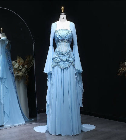 Robe de bal élégante en mousseline de soie bleue, coupe trapèze, sans bretelles, ornée de perles, tenue de soirée pour 20e anniversaire, RB1966