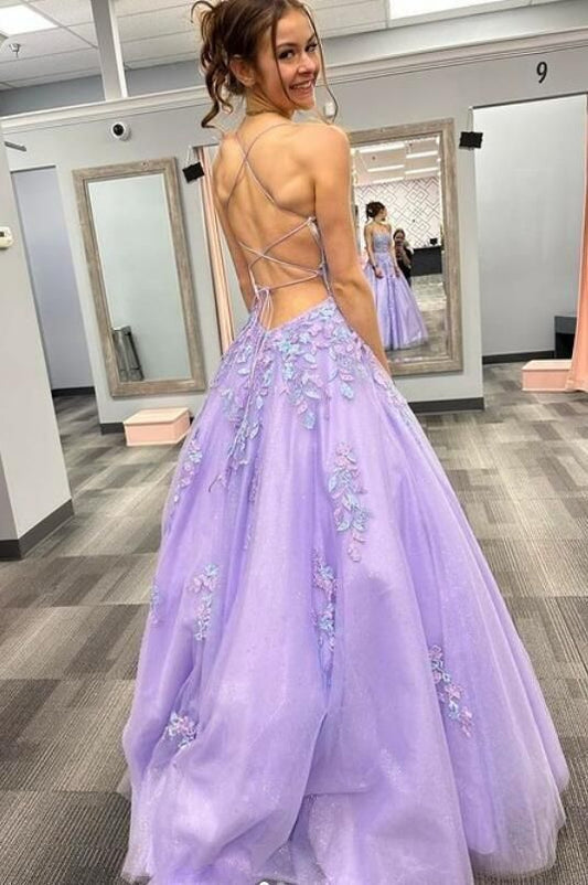 Princess Ball Gown Spaghetti Straps Lilac Lace Prom Dresses Impress Backless Birthday Outfits Prom Gown RB1971