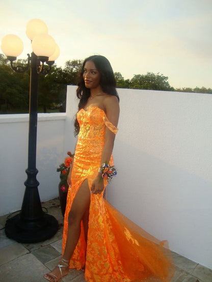 Robe de bal sirène sexy à épaules dénudées et sequins fendus, tenue de soirée pour 18 ans, RA080