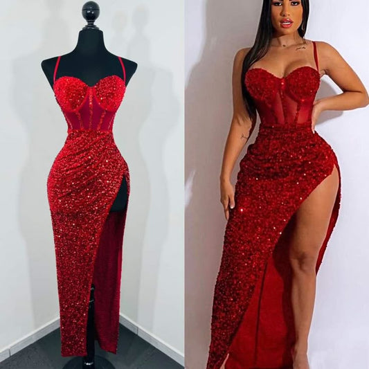 Robe de bal longue sirène sexy à bretelles spaghetti et paillettes rouges, fendue sur le côté, inspiration robe de soirée RB1988