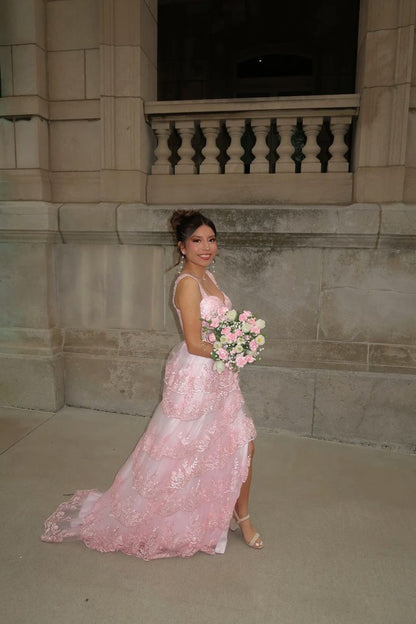 Robe de bal longue en dentelle rose, décolleté en cœur, tenue de bal impressionnante pour un 20e anniversaire, RB1670