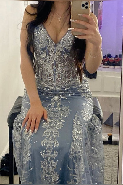 Sexy Mermaid Spaghetti Straps Silver Gray Sequin Long Prom Dresses Inspiration Formal Gown RB1997